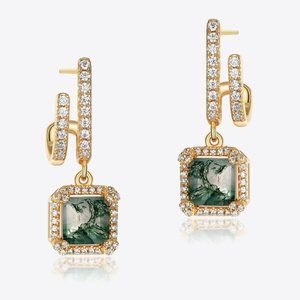 Moss Agate Inlaid Zircon Drop Earrings For Women